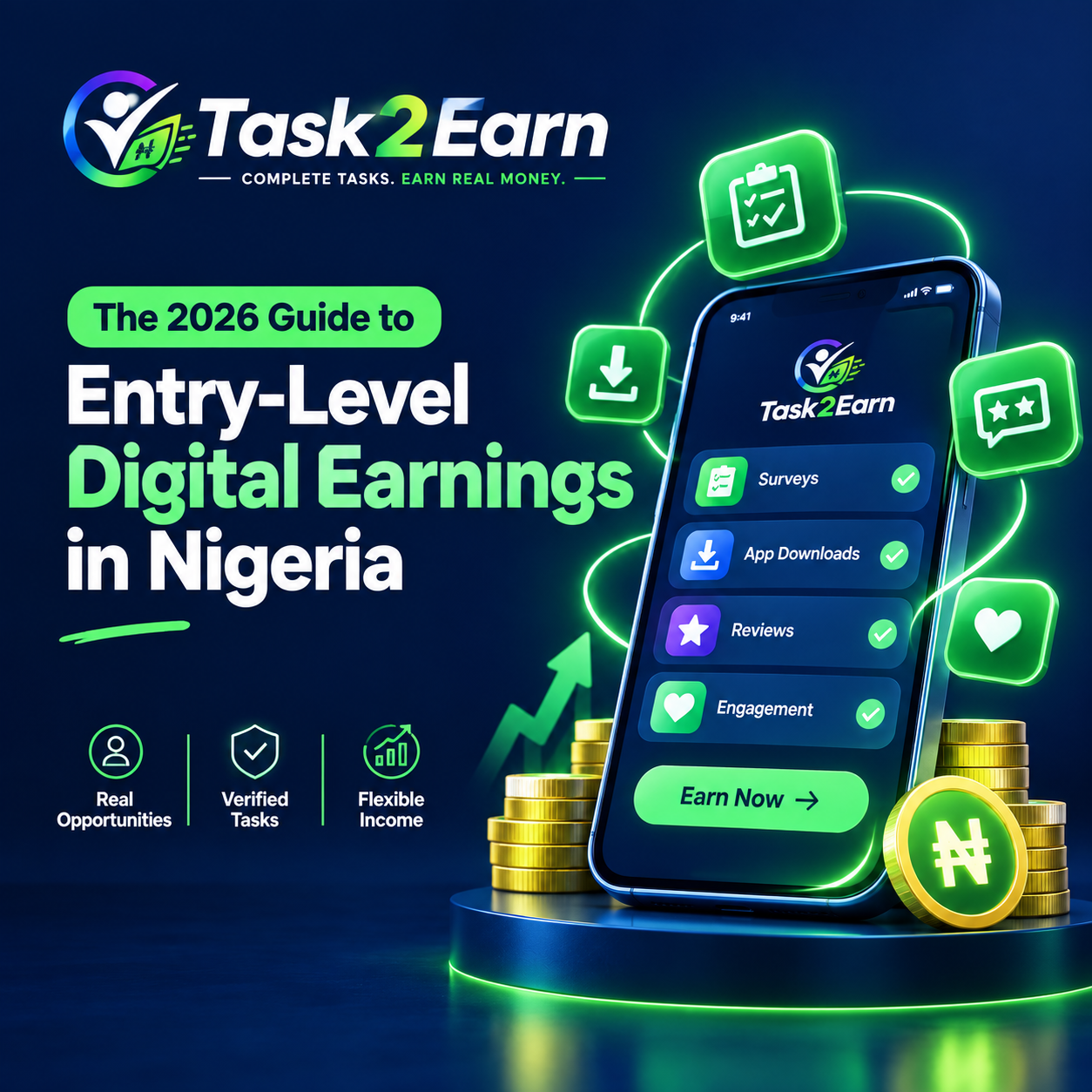 The 2025 Guide to Entry-Level Digital Earnings in NigeriaA 3D digital illustration of a smartphone attracting glowing green icons representing tasks and earnings against a dark blue backdrop.