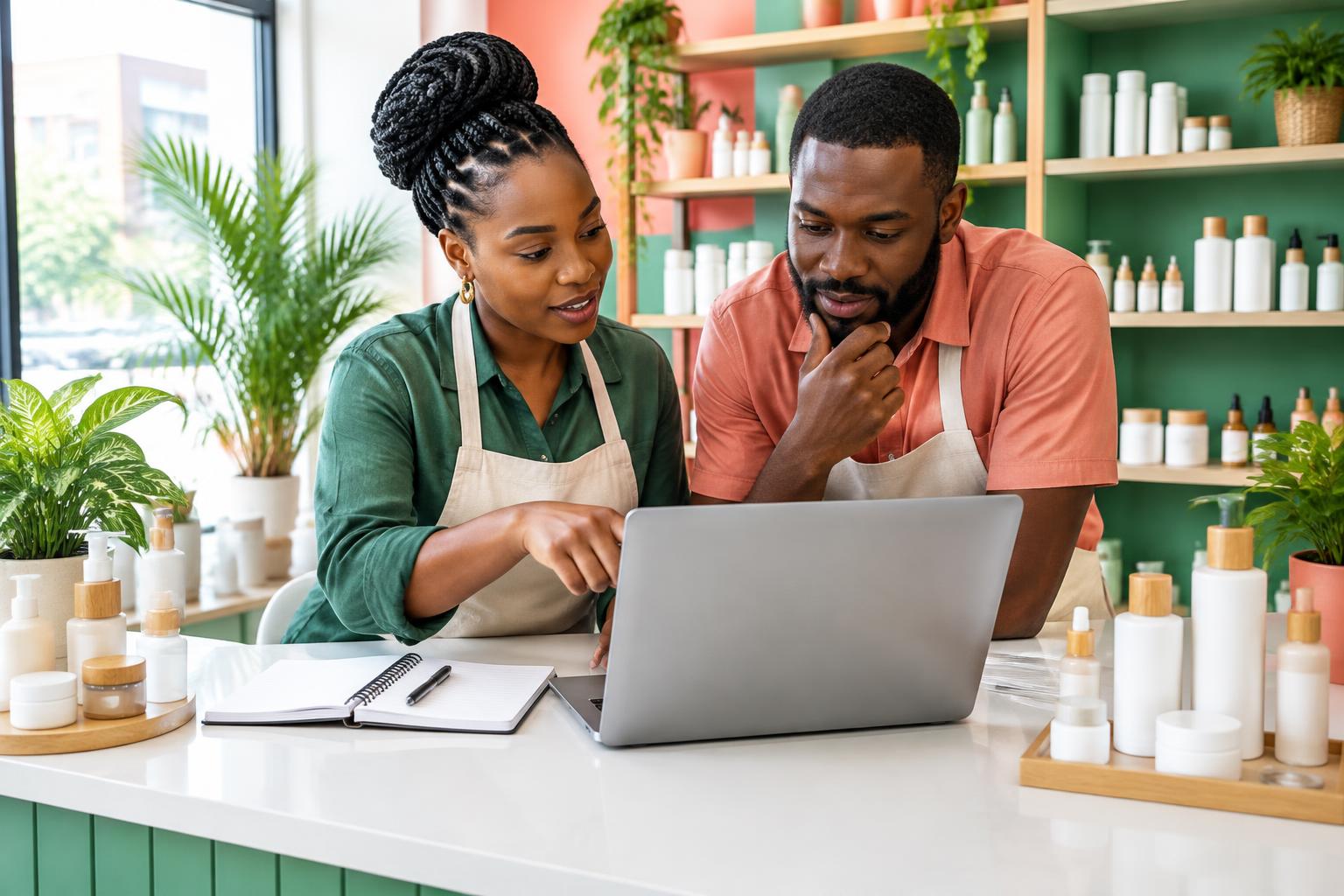 Two Nigerian shop owners reviewing customer conversations on a laptop inside their cosmetics store