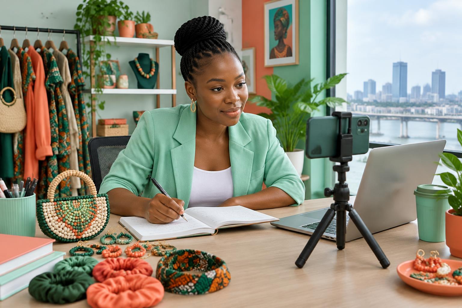 A young Nigerian entrepreneur planning a month of phone content beside her fashion products and a phone tripod